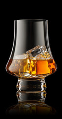 Glass of scotch whiskey and ice isolated on black background with clipping path