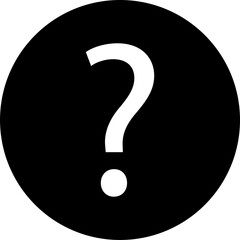 Bold white question mark symbol centered on a solid black circle background