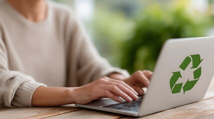 Naklejka premium A person typing on their laptop with a green recycling icon and code on the screen, Generative AI