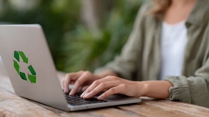Fototapeta premium A person typing on their laptop with a green recycling icon and code on the screen, Generative AI