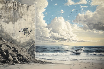 Sailboat on ocean with beach waves and coastal landscape
