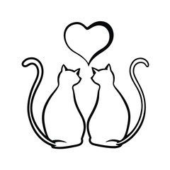 Romantic cat pair sitting under moonlight heart scene on white background Vector illustration