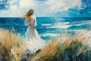 Woman seen from behind gazing at the ocean