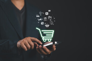 Ecommerce online shopping concept. Add to cart internet web store buy online Ecommerce. Businessman...