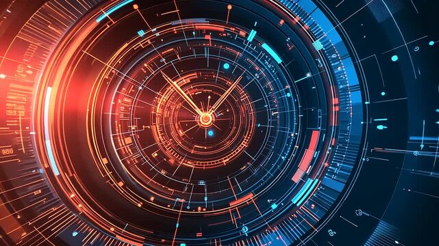 Abstract futuristic clock interface with glowing elements and digital patterns representing time - Powered by Adobe