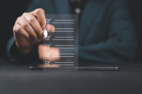 Check list concept. Business goal. Audit report. Businessman tick off questionnaire, survey, test, checklist, business question, approve check. Digital checklist option. Paperless document list.