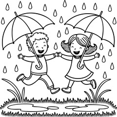 Children Jumping in Rain Puddles Line Art Vector Illustration