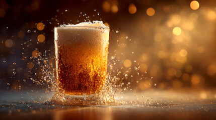 Freshly poured beer glass with splashing effect against warm bokeh background