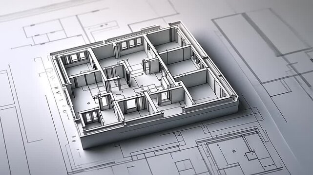 Architectural blueprint featuring a detailed 3D model of a house layout on a technical drawing background