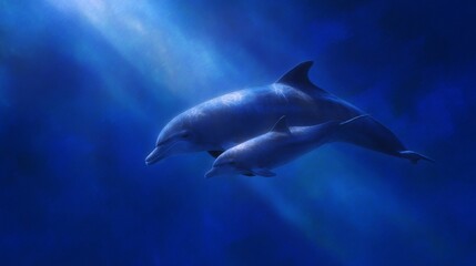 Fototapeta premium A serene underwater scene featuring dolphins swimming gracefully in deep blue waters. This captivating image conveys a sense of tranquility and connection with nature. Ideal for marine life themes. AI