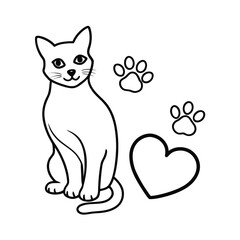 Cat sitting next to paw print heart design on white background Vector illustration
