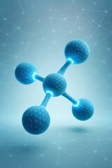 Abstract illuminated molecular structure against a light blue, networked background. Represents science, technology, and connection with glowing elements.