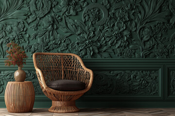 Luxurious 3D wallpaper with tropical flower reliefs and dark emerald base, paired with bamboo and wicker furniture in a cozy corner. 