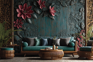 Luxurious 3D wallpaper with tropical flower reliefs and dark emerald base, paired with bamboo and wicker furniture in a cozy corner. 