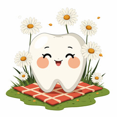 Happy cartoon tooth sitting on red blanket among daisies in garden  