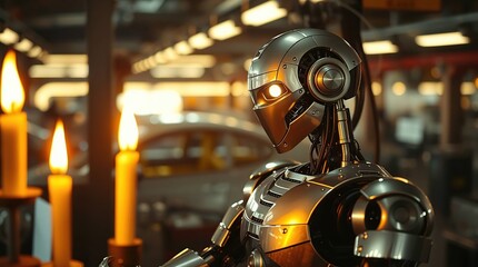 Candlelit repair of robot in factory