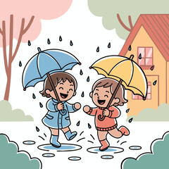 Girls Jumping in Puddles: Rainy Day Fun - Vector Illustration