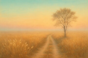 Fototapeta premium serene golden pathway winding through a misty field with a lone tree at dawn