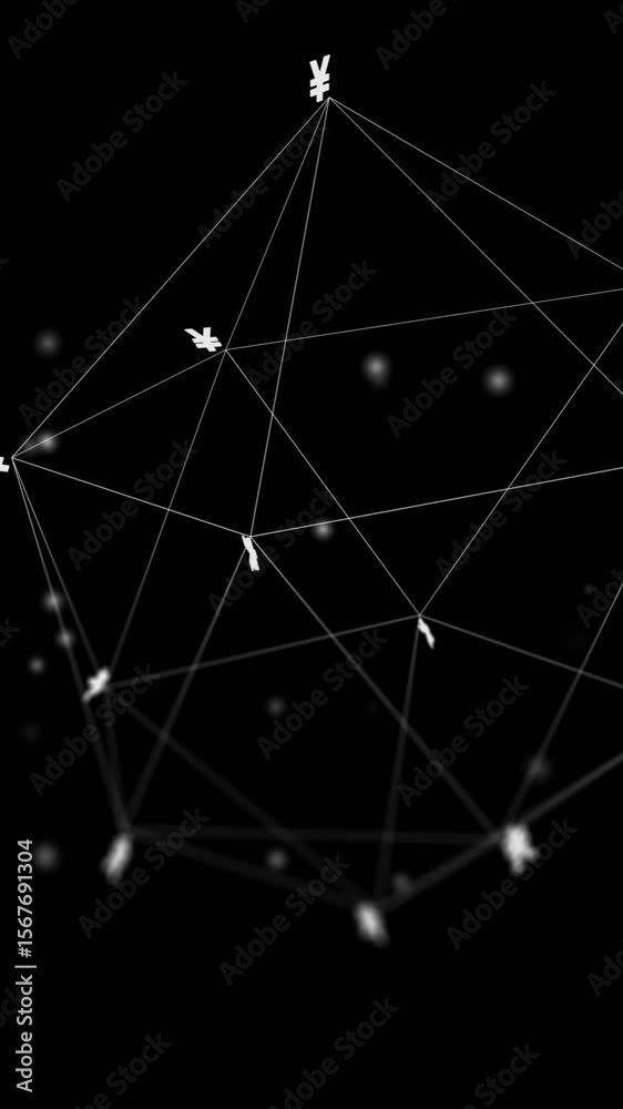 Poster animation of connections with currency signs and data processing over black background