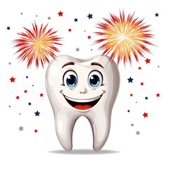 Cartoon tooth character celebrating with fireworks and confetti  