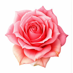 Closeup of pink rose flower with layered petals on white background  