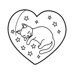 Cat sleeping inside heart frame made of stars art on white background Vector illustration