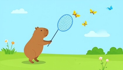 Fototapeta premium Cute Cartoon Illustration of a Small Animal Using a Net to Catch Butterflies in a Sunny Field