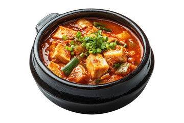 Fototapeta premium Spicy Korean kimchi jjigae with tofu, mushrooms, and green onions served in black bowl isolated on white transparent background, traditional Asian cuisine concept