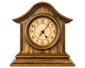 Wooden antique mantel clock showing the time on a round dial on a transparent background