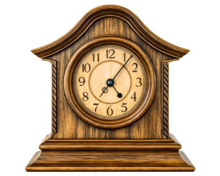 Wooden antique mantel clock showing the time on a round dial on a transparent background