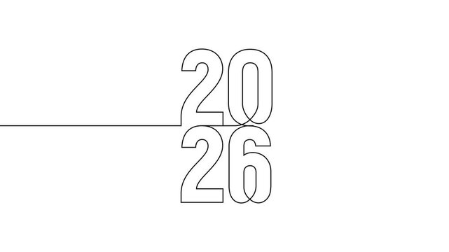 2026 year continuous line art clip self drawing animation on white black background. vertically single one line art outline illustration 2026 year numbers video