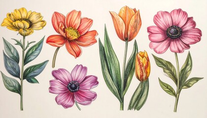 Vibrant Floral Illustrations Showcasing Various Flower Types and Colorful Petals Arrangement