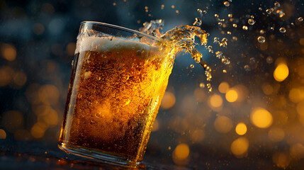 Frothy beer spilling from glass with bubbles and bokeh background high quality image