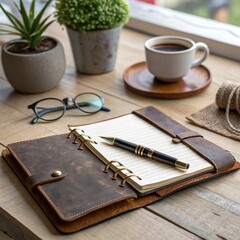 A close-up shot of a vintage leather notebook lying open on a wooden desk, with a fountain pen resting beside it. The desk is adorned with a small potted plant, a coffee cup, and a pair of glasses. So