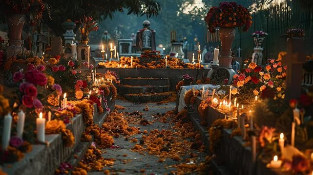 Illuminated Cemetery Scene with Candles and Flowers Celebration of Remembrance and Spiritual Atmosphere