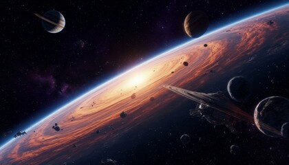 A stunning 3D, 4K image of a celestial scene with dramatic lighting highlighting the planetary rings and nearby moons. A spacecraft glides through a field of asteroids and rocks.