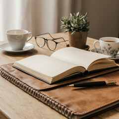 A close-up shot of a vintage leather notebook lying open on a wooden desk, with a fountain pen resting beside it. The desk is adorned with a small potted plant, a coffee cup, and a pair of glasses. So
