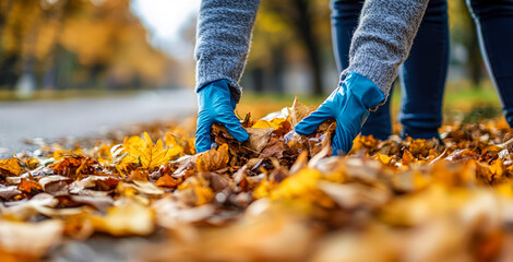 Obraz premium Person raking colorful autumn leaves on a park path