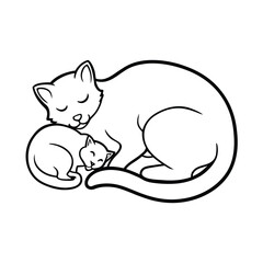 Cat wrapping tail around kitten in safe nap pose on white background Vector illustration