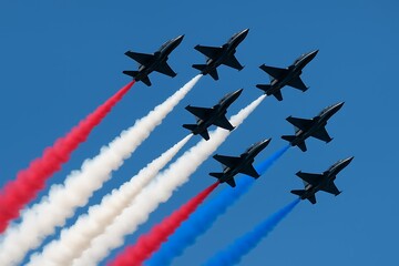 Aerial ballet with French jets creating red white and blue trails flying high in a patriotic display for Bastille Day celebrations Bastille Day Background