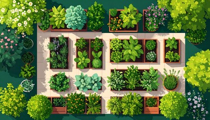 Aerial View of Vibrant Home Garden with Various Plants and Greenery in Planter Boxes