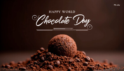 Happy world chocolate day celebration with truffle and cocoa powder background