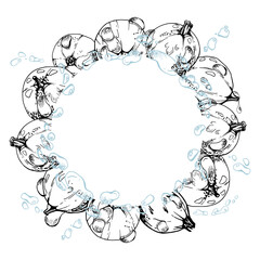 Currant gooseberry closeup in water splash with dew drops, ripe garden berry juneberry casseille jostaberry hand drawn in vector ink. Isolated wreath frame. Organic food drink, fresh grocery store