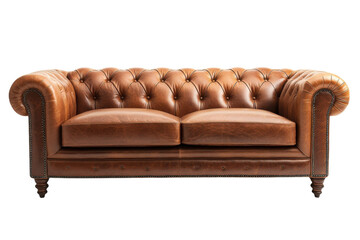 Luxurious Brown Leather Chesterfield Sofa on Transparent Background Classic Tufted Design Elegant Living Room Furniture