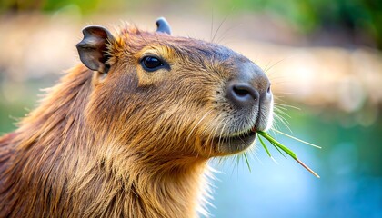 Capybara Portrait Against a Soft Background with Fresh Grass in Its Mouth