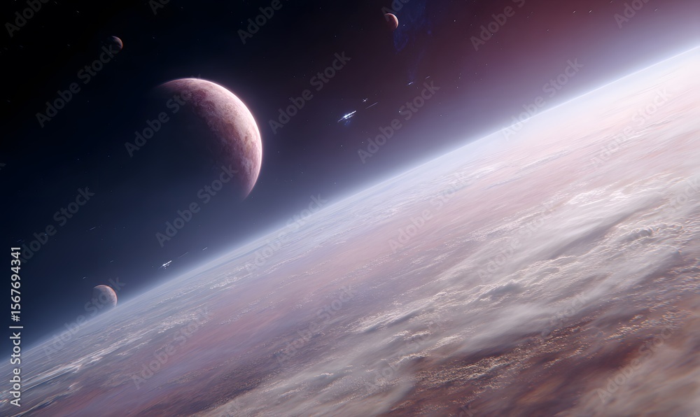 Poster a space-based image of an enigmatic solar system with strange planets and futuristic ships gliding t
