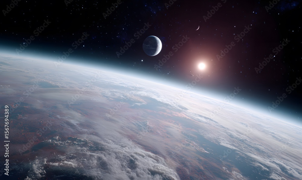 Poster a space-based image of an enigmatic solar system with strange planets and futuristic ships gliding t