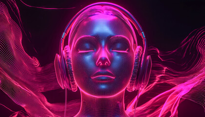 Futuristic digital portrait of a woman wearing headphones with vibrant neon lighting effects