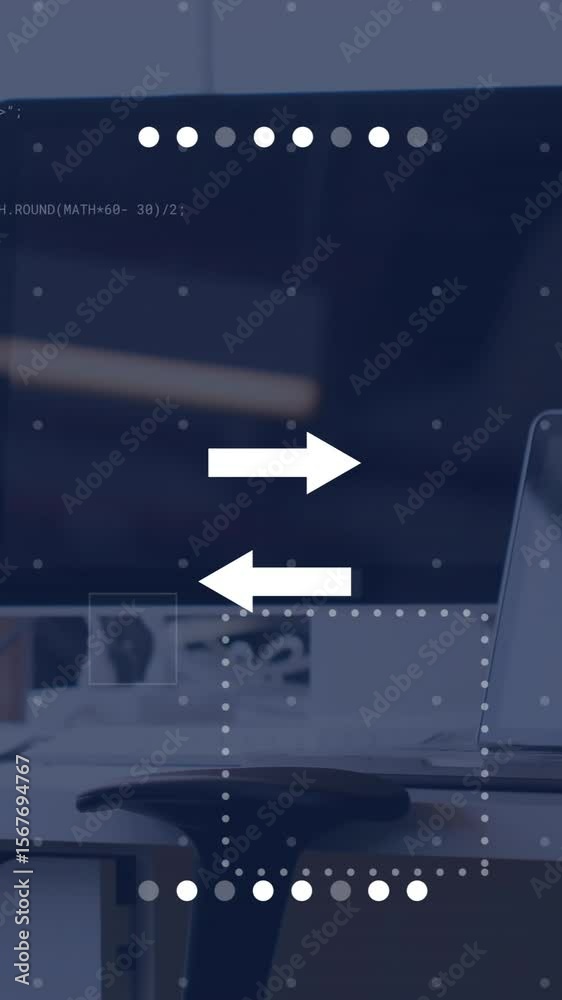 Poster animation of currency symbols with data processing over desk with computer in office