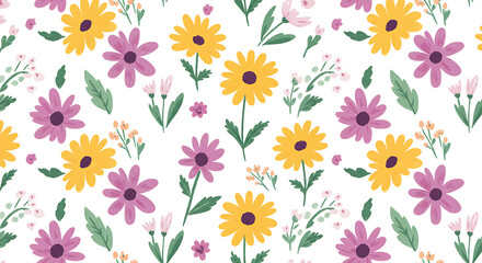 Vibrant Floral Pattern Yellow and Purple Daisy Seamless Design